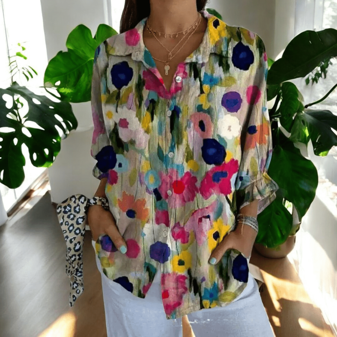 Buttoned Loose Long Patterned Blouse