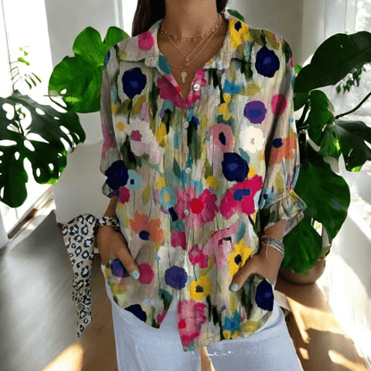 Buttoned Loose Long Patterned Blouse