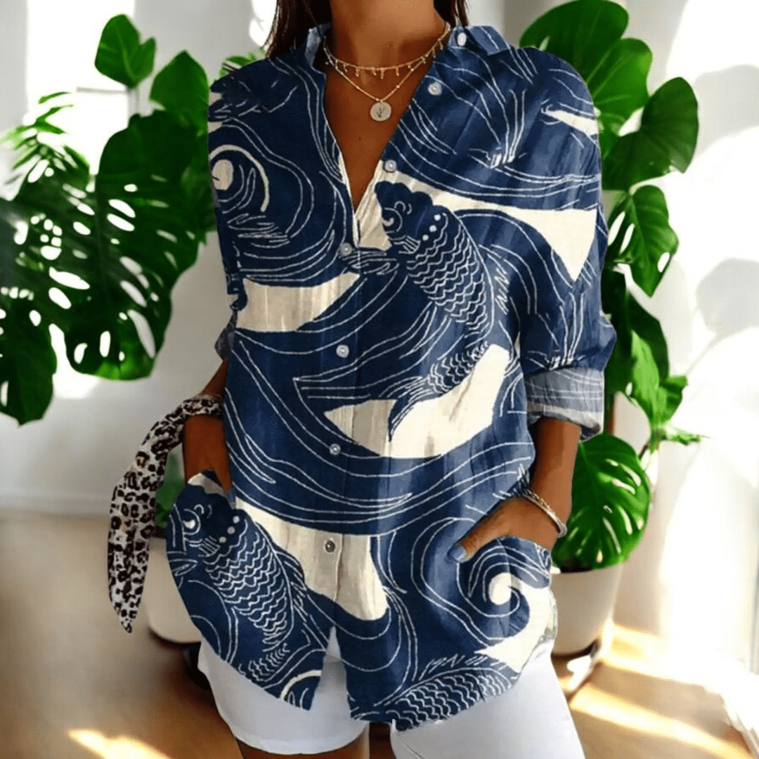 Buttoned Loose Long Patterned Blouse