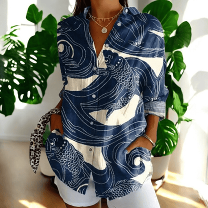Buttoned Loose Long Patterned Blouse