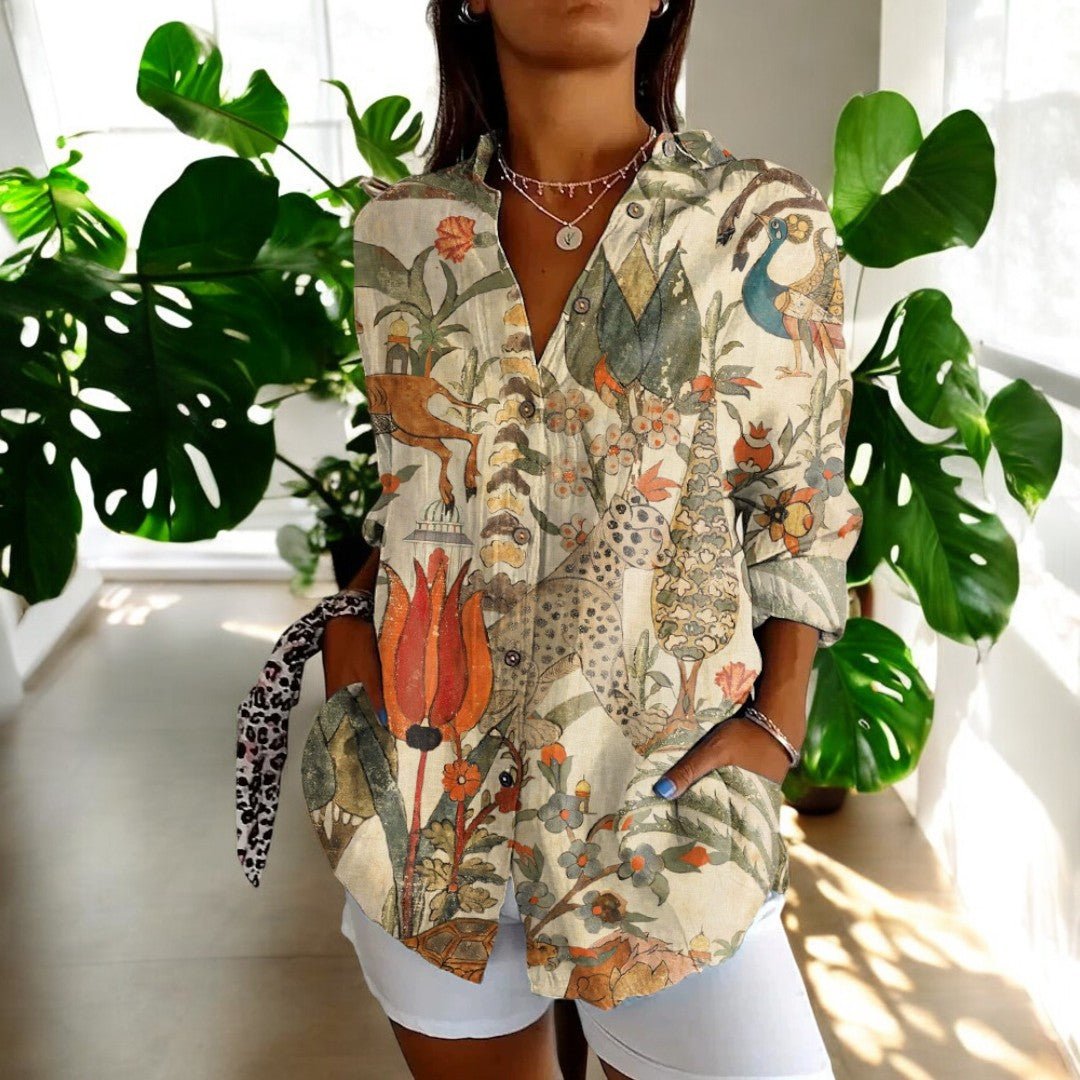 Buttoned Loose Long Patterned Blouse