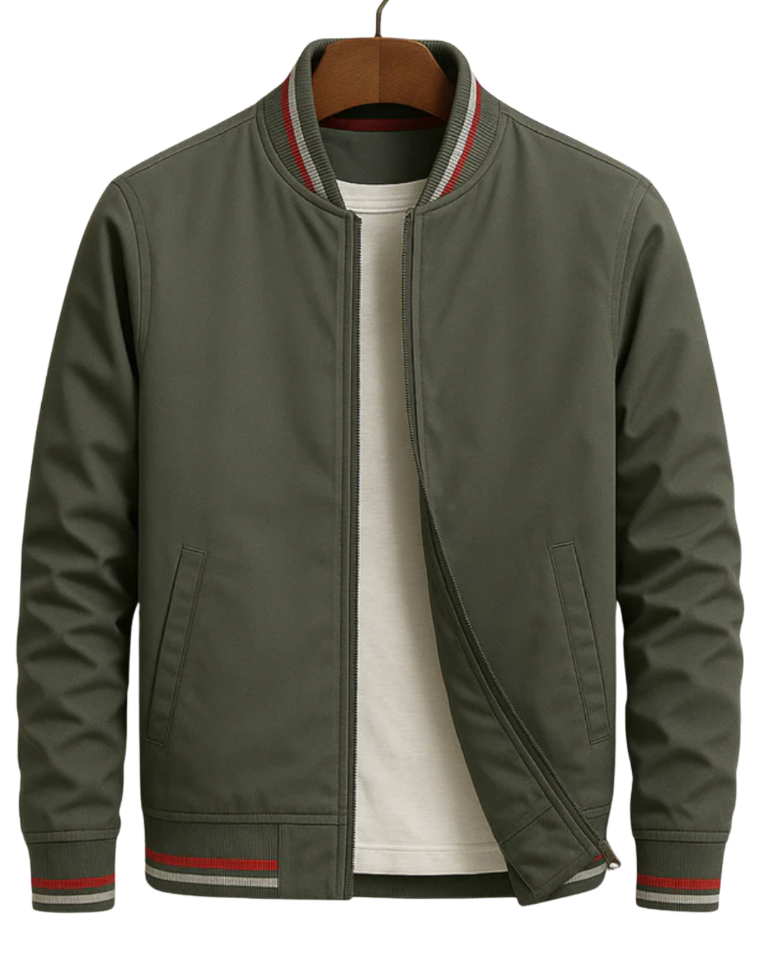 Striped Ribbed Collar Zip-Up Bomber Jacket For Men