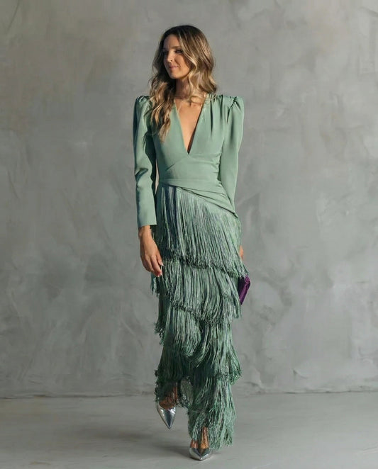 Long Sleeved Deep V Neck Tiered Fringed Maxi Dress