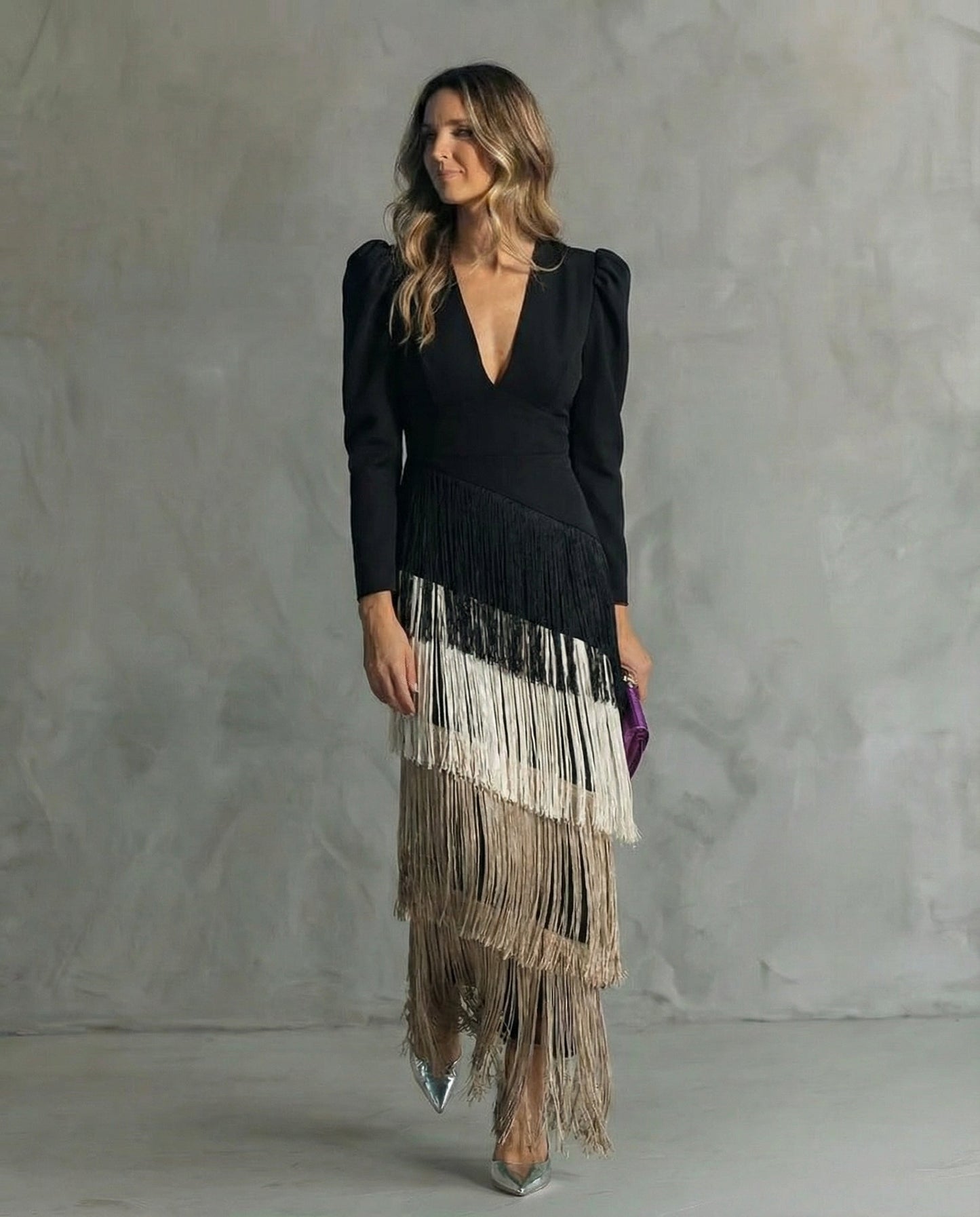 Long Sleeved Deep V Neck Tiered Fringed Maxi Dress