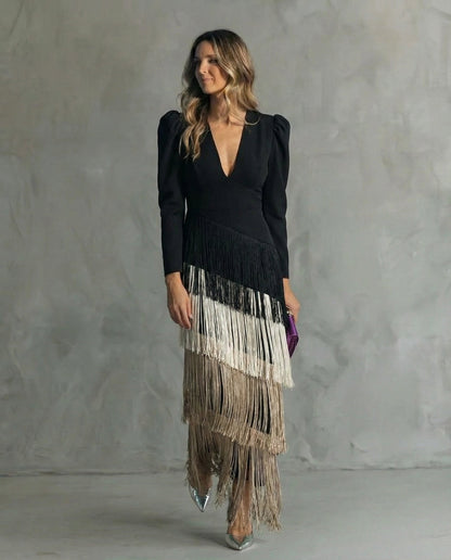Long Sleeved Deep V Neck Tiered Fringed Maxi Dress