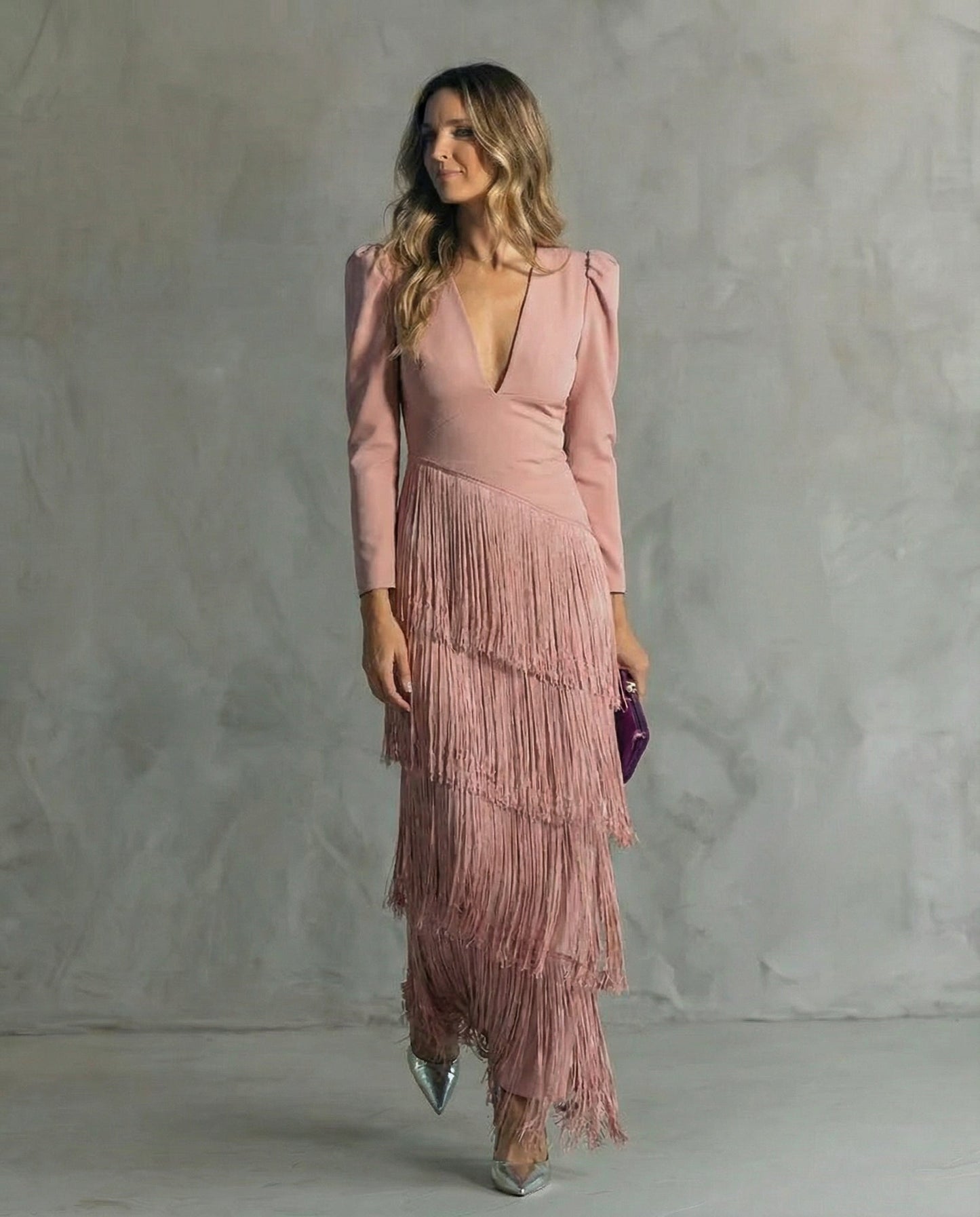 Long Sleeved Deep V Neck Tiered Fringed Maxi Dress