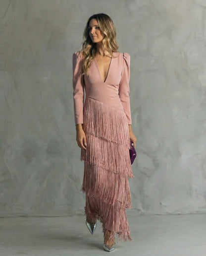 Long Sleeved Deep V Neck Tiered Fringed Maxi Dress