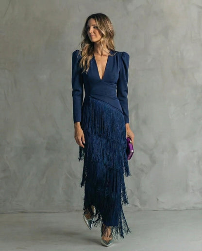 Long Sleeved Deep V Neck Tiered Fringed Maxi Dress