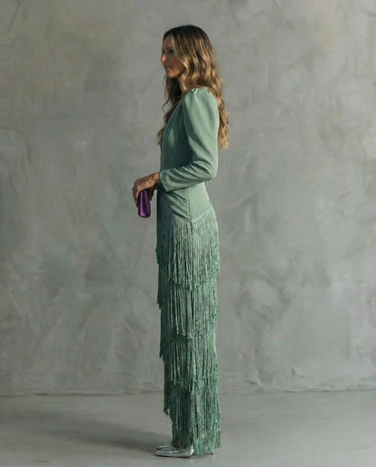 Long Sleeved Deep V Neck Tiered Fringed Maxi Dress