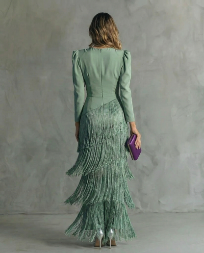Long Sleeved Deep V Neck Tiered Fringed Maxi Dress