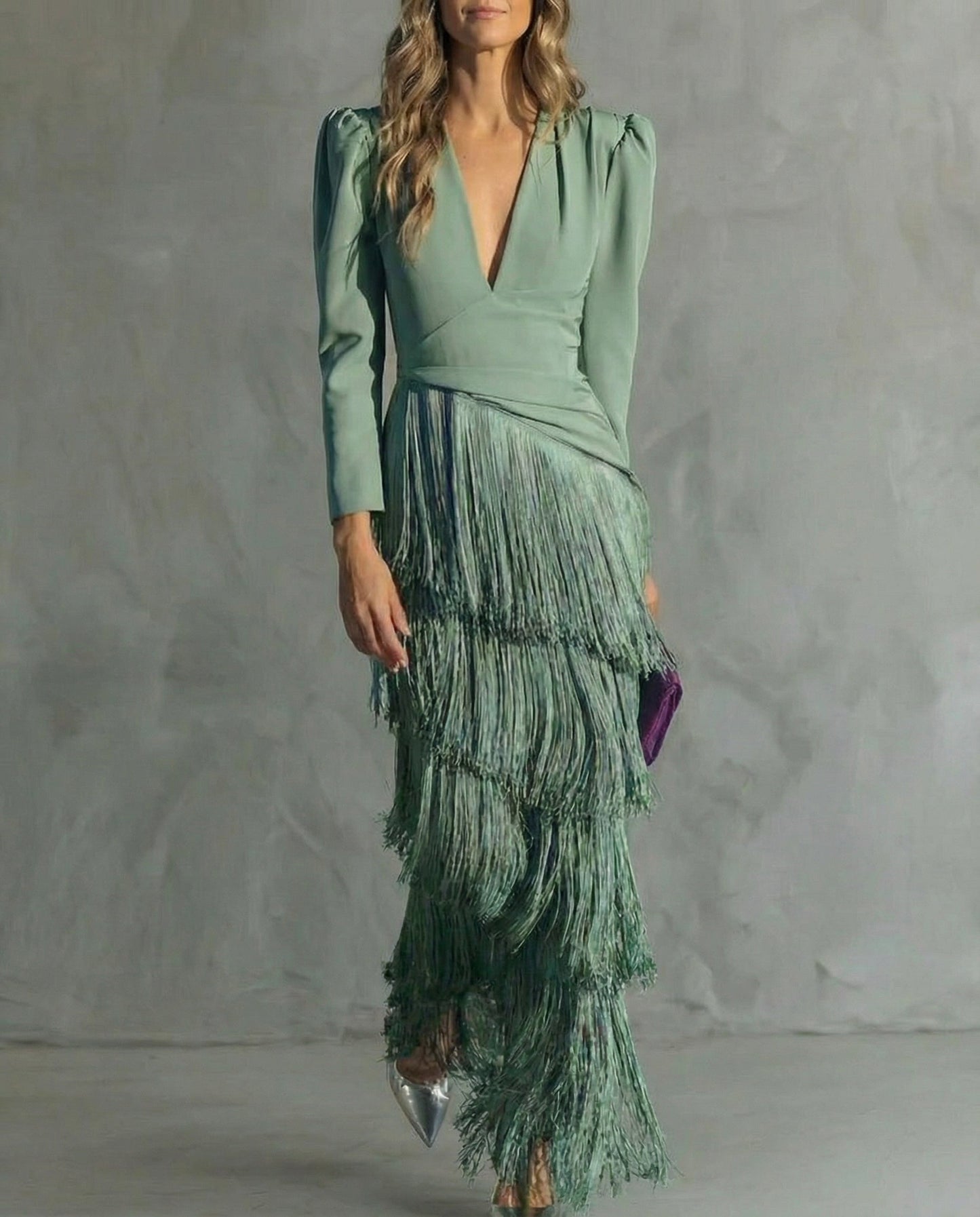 Long Sleeved Deep V Neck Tiered Fringed Maxi Dress