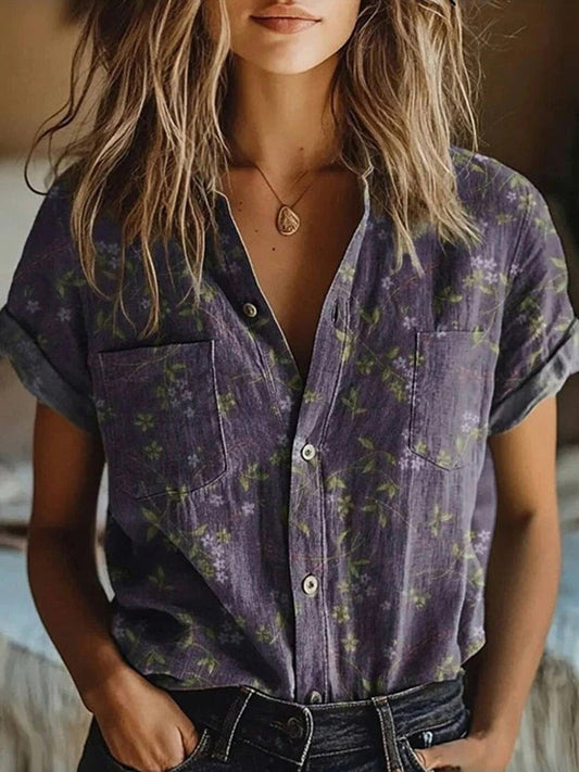 Collared Buttoned Pocketed Short Rolled Blouse