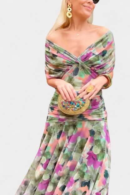 Twist Front Pleated Long Dress