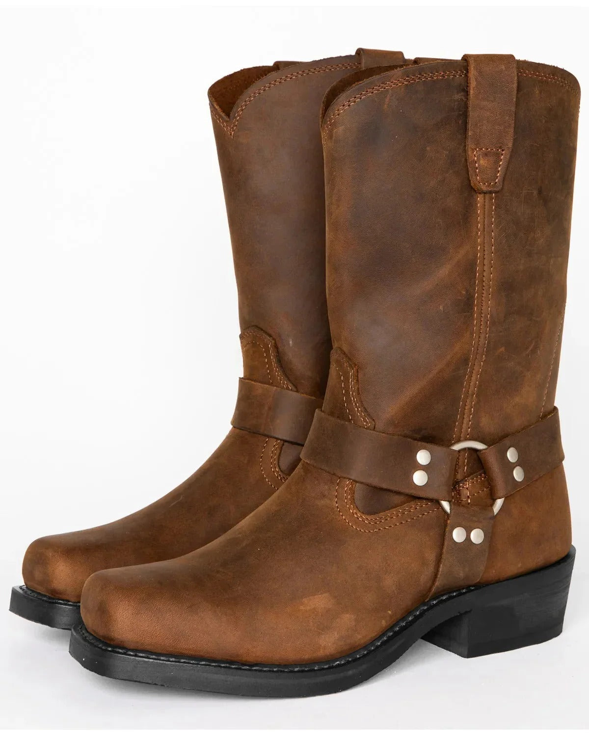 Harnessed Ringed Riveted Stitched Squared Heeled Boots