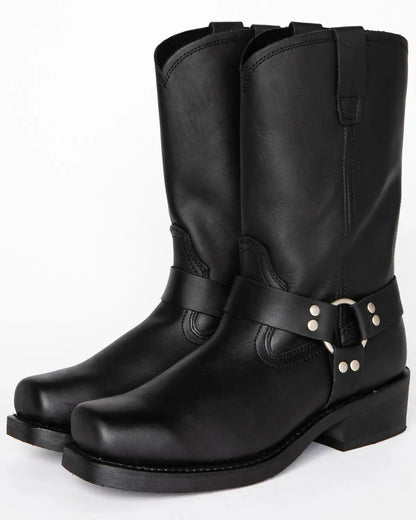Harnessed Ringed Riveted Stitched Squared Heeled Boots