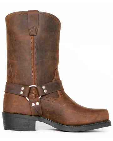 Harnessed Ringed Riveted Stitched Squared Heeled Boots