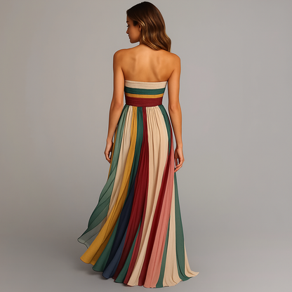 Strapless Pleated Striped Maxi Dress