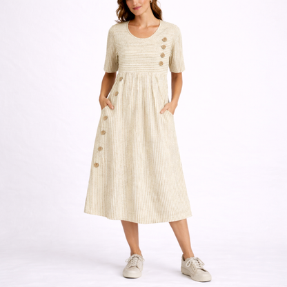 Scoop Neck Short Sleeve Fit and Flare Striped Midi Dress with Pockets