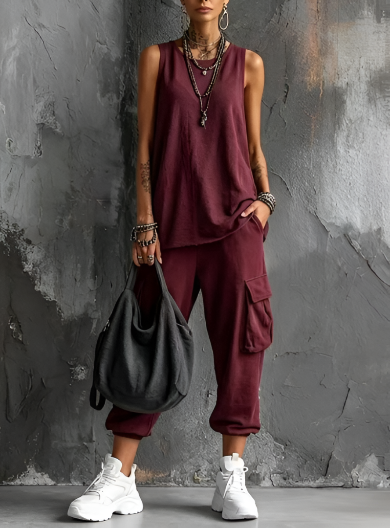 Women's Round Neck Sleeveless Tank Top and Cargo Trousers Loungewear Set