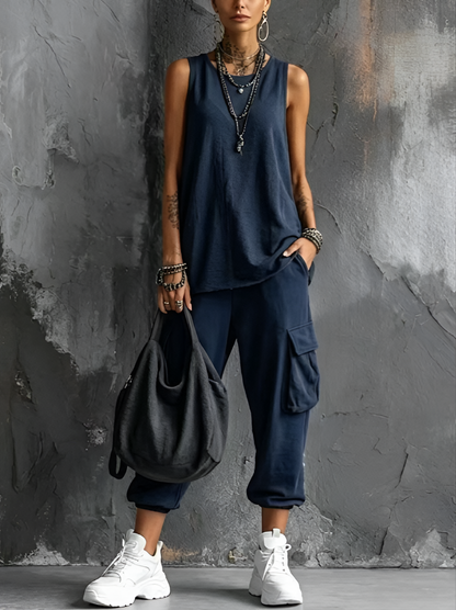 Women's Round Neck Sleeveless Tank Top and Cargo Trousers Loungewear Set