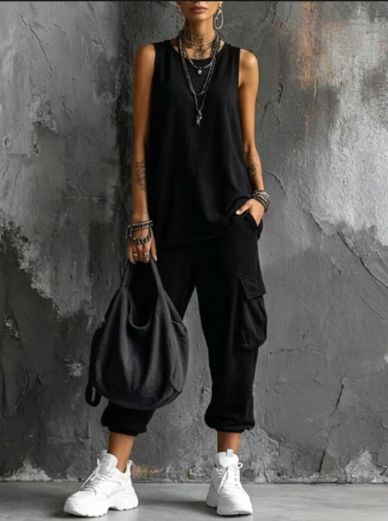 Women's Round Neck Sleeveless Tank Top and Cargo Trousers Loungewear Set
