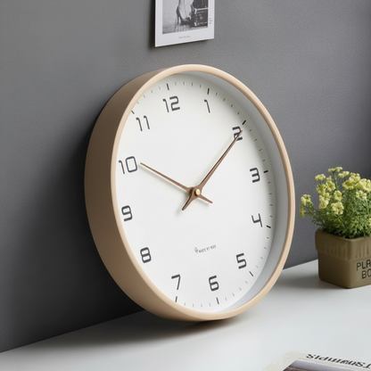 Round Analog Wall Clock with Wood-Finish Frame