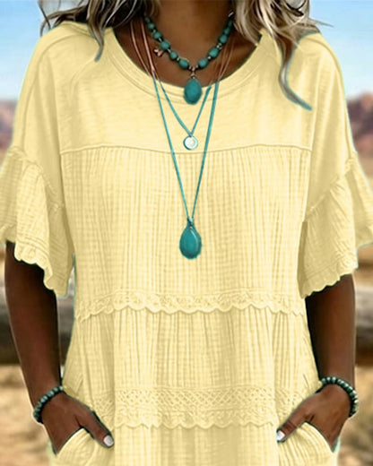 Tiered Scalloped Gathered Pocketed Flared Textured Dress