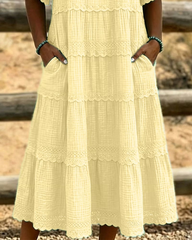 Tiered Scalloped Gathered Pocketed Flared Textured Dress