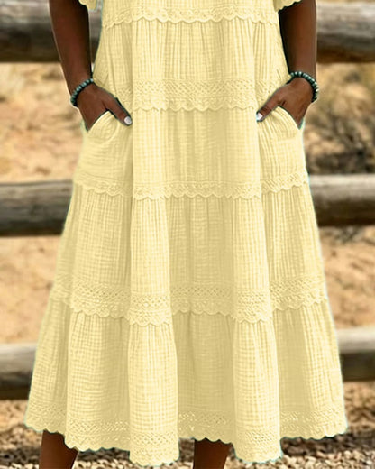 Tiered Scalloped Gathered Pocketed Flared Textured Dress