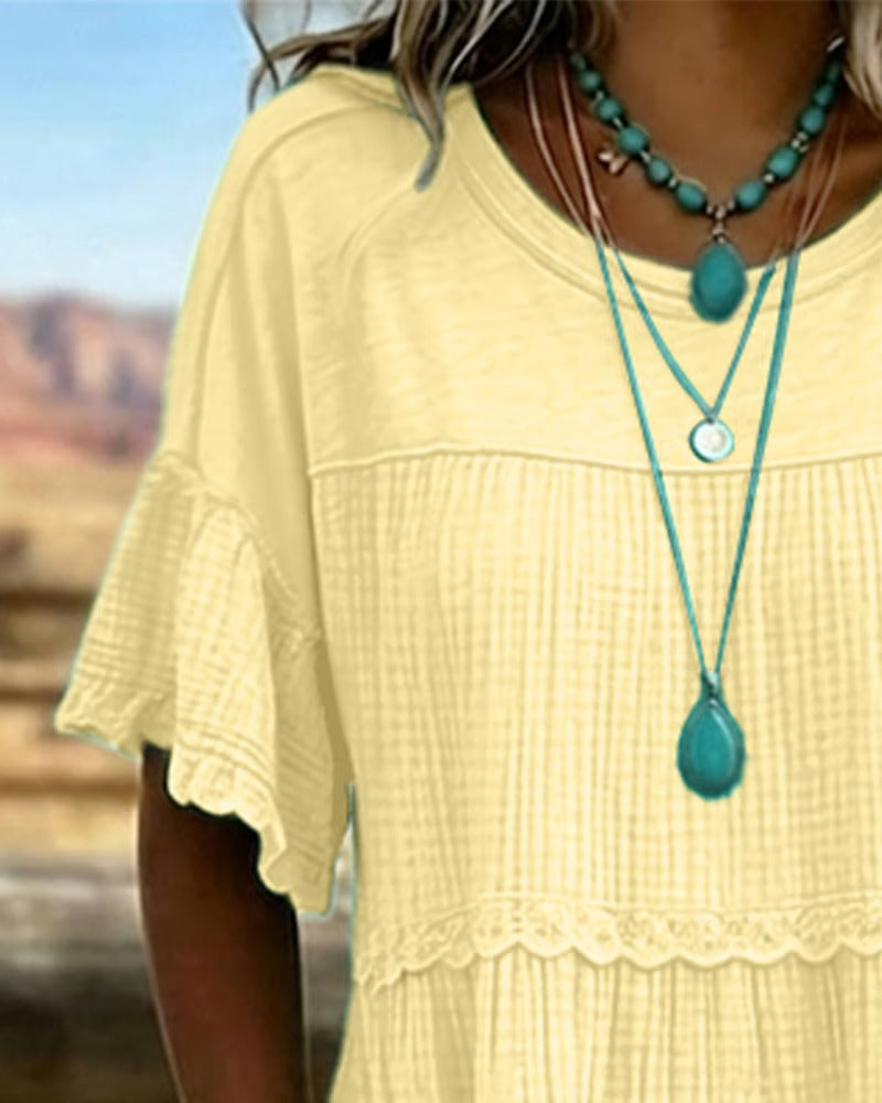 Tiered Scalloped Gathered Pocketed Flared Textured Dress