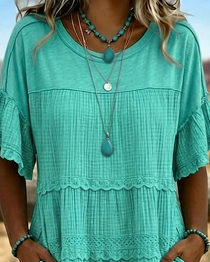 Tiered Scalloped Gathered Pocketed Flared Textured Dress