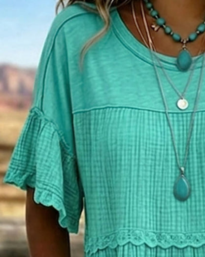 Tiered Scalloped Gathered Pocketed Flared Textured Dress