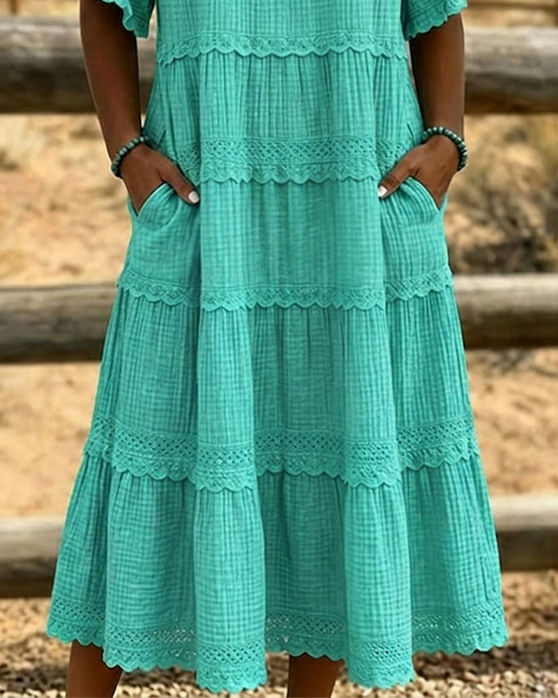 Tiered Scalloped Gathered Pocketed Flared Textured Dress