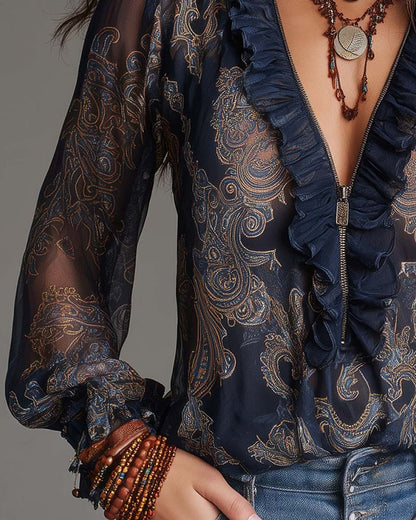 Women's V-Neck Ruffle Sleeve Paisley Print Blouse
