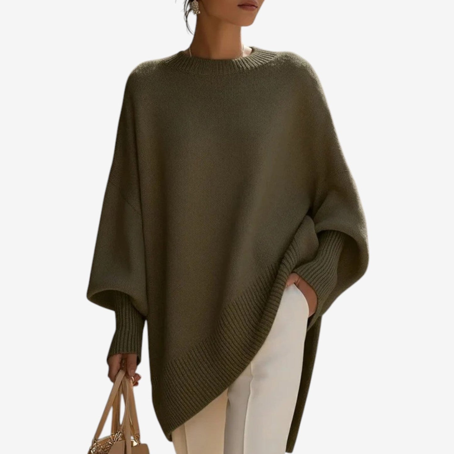 Women's Crew Neck Batwing Sleeve Oversized Asymmetric Hem Sweater