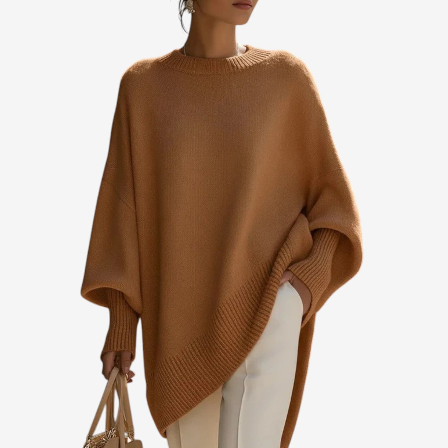 Women's Crew Neck Batwing Sleeve Oversized Asymmetric Hem Sweater