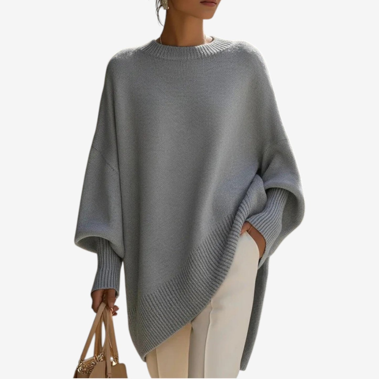 Women's Crew Neck Batwing Sleeve Oversized Asymmetric Hem Sweater