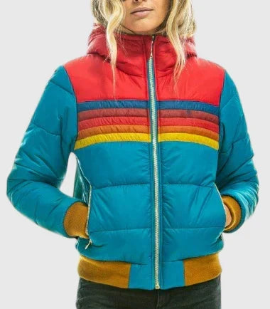 Women's Striped Padded Puffer Jacket with Hood