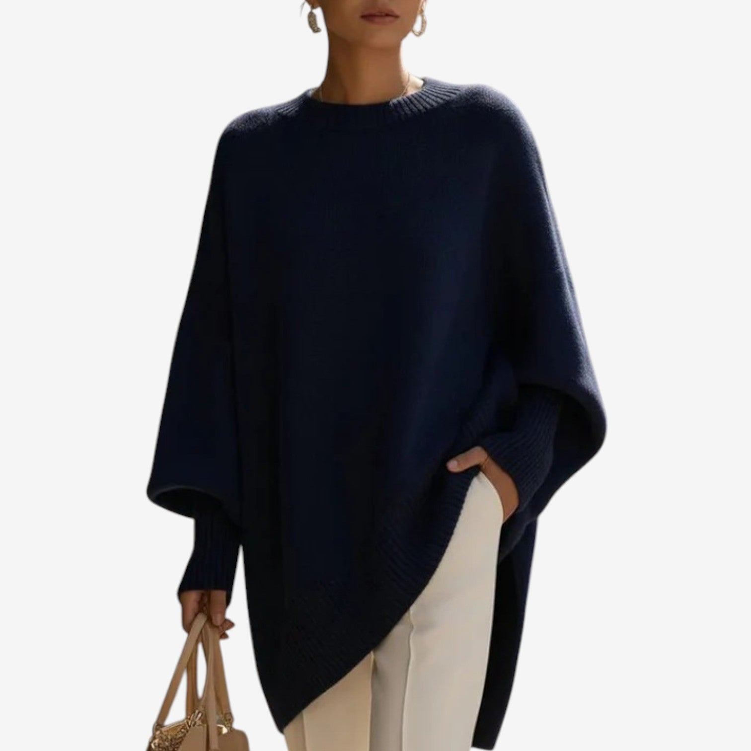 Women's Crew Neck Batwing Sleeve Oversized Asymmetric Hem Sweater