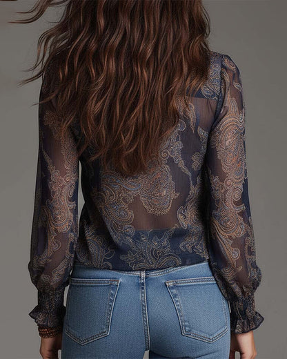 Women's V-Neck Ruffle Sleeve Paisley Print Blouse