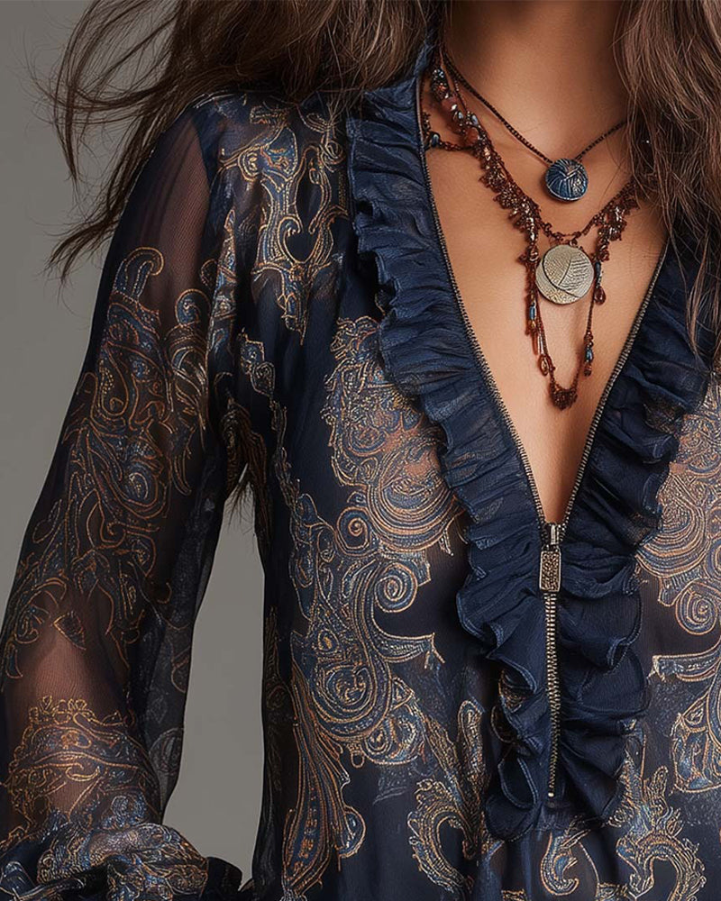 Women's V-Neck Ruffle Sleeve Paisley Print Blouse