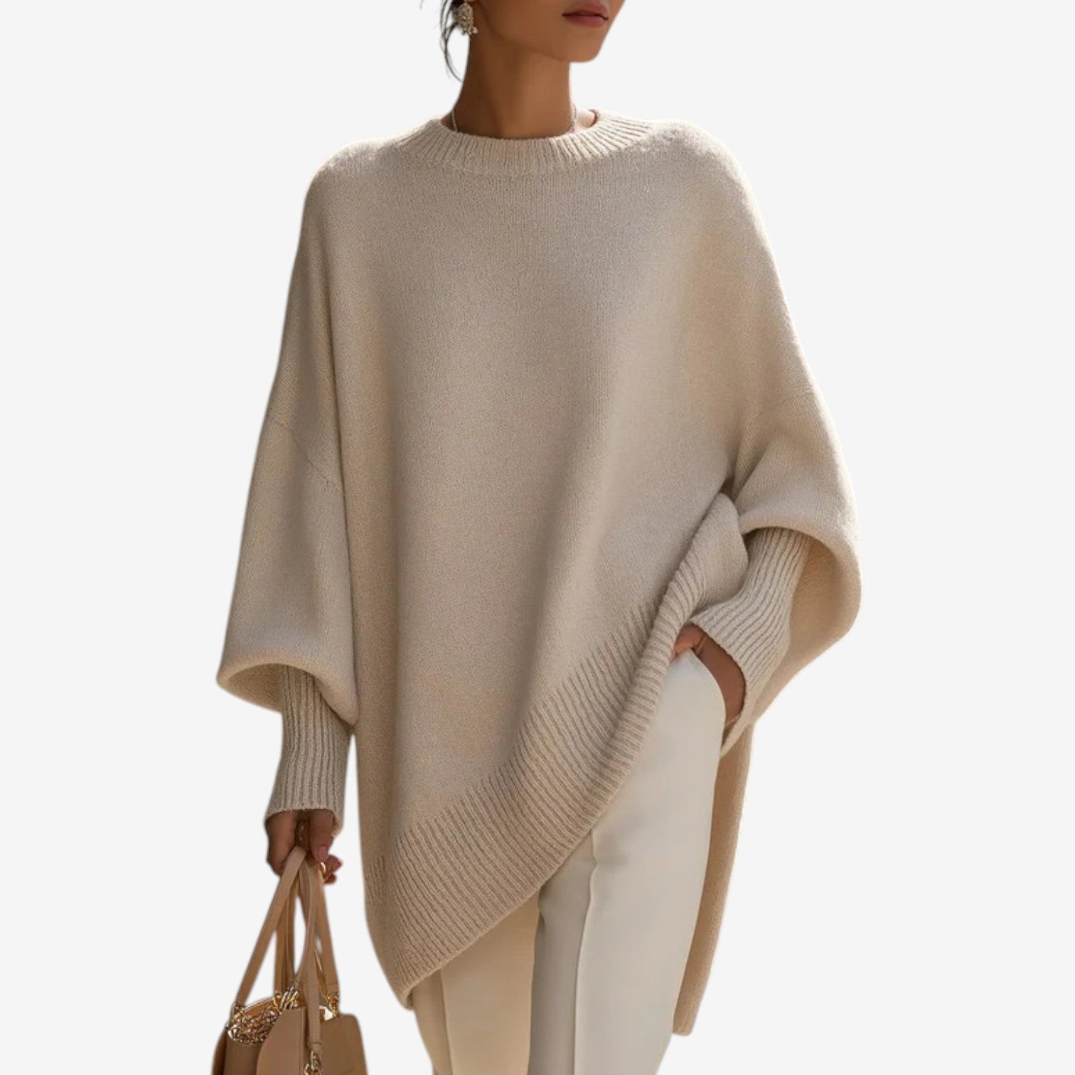 Women's Crew Neck Batwing Sleeve Oversized Asymmetric Hem Sweater