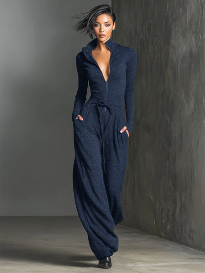 Zippered High Neck Long Sleeve Wide Leg Jumpsuit