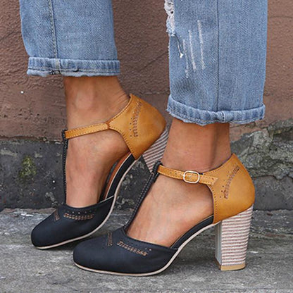 Round Toe Perforated Block Heel T Strap Heels