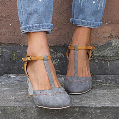 Round Toe Perforated Block Heel T Strap Heels
