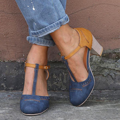 Round Toe Perforated Block Heel T Strap Heels