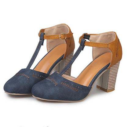 Round Toe Perforated Block Heel T Strap Heels