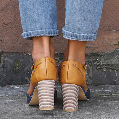 Round Toe Perforated Block Heel T Strap Heels