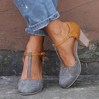 Round Toe Perforated Block Heel T Strap Heels