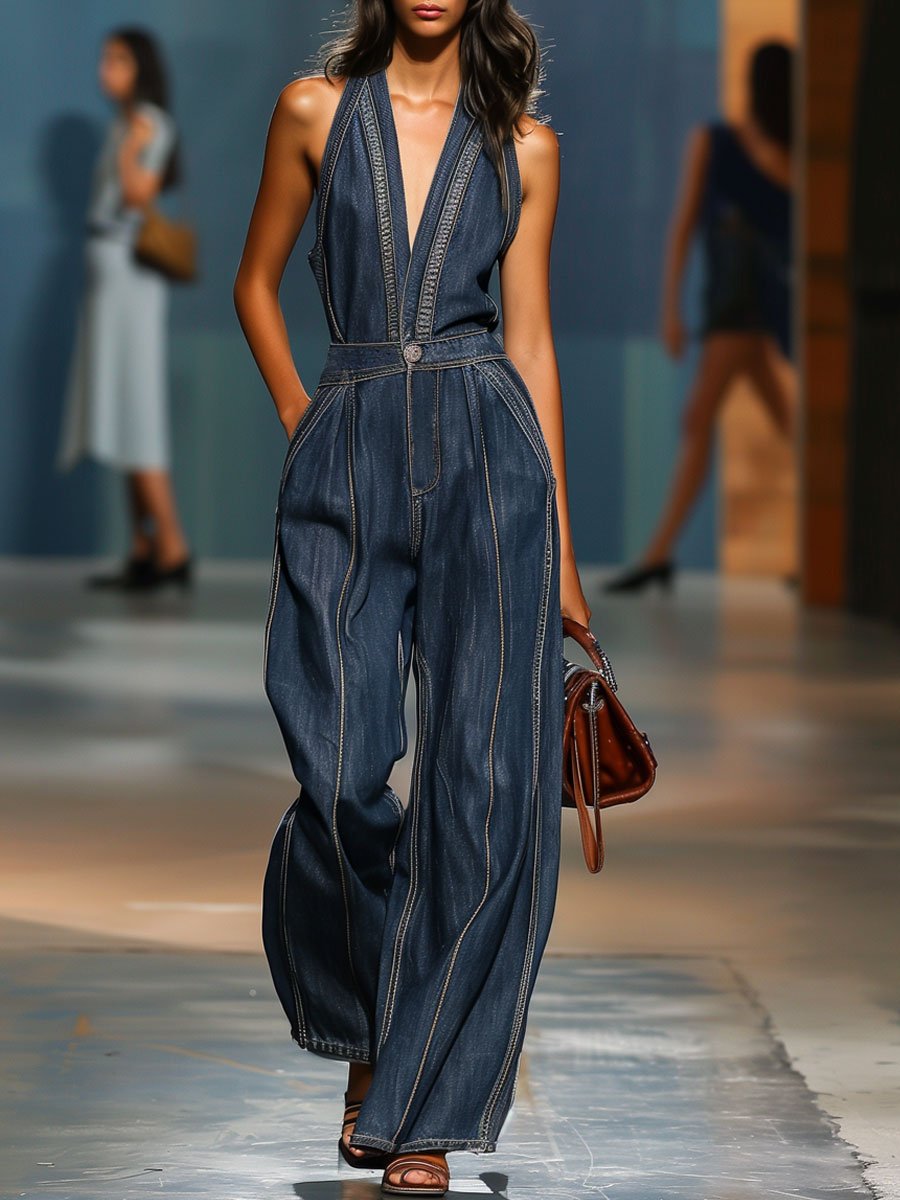 Plunging Halter Stitched Pleated Sleeveless Wide Jumpsuit